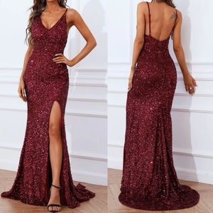 Luxe burgundy slit thigh open back mermaid hem party formal prom gown dress